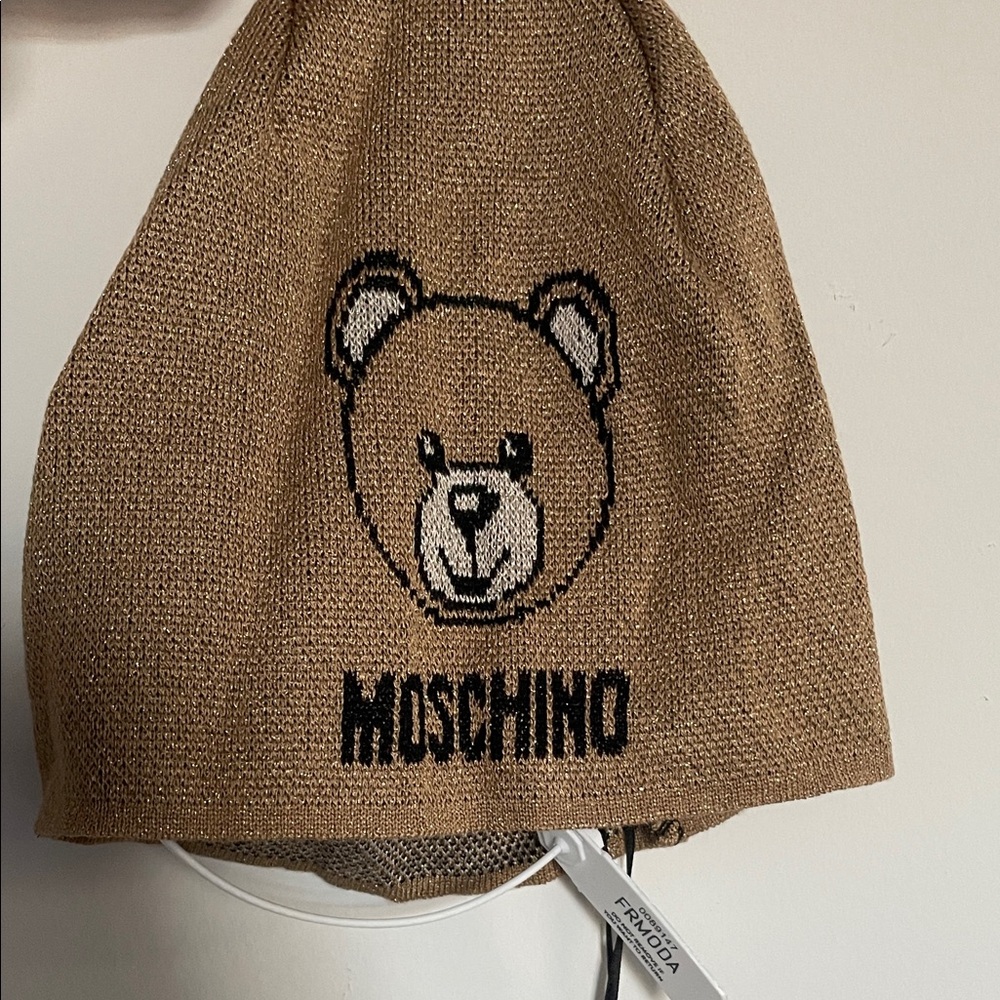 Moschino wool beanie hat gold accent and black, with the iconic teddy bear logo